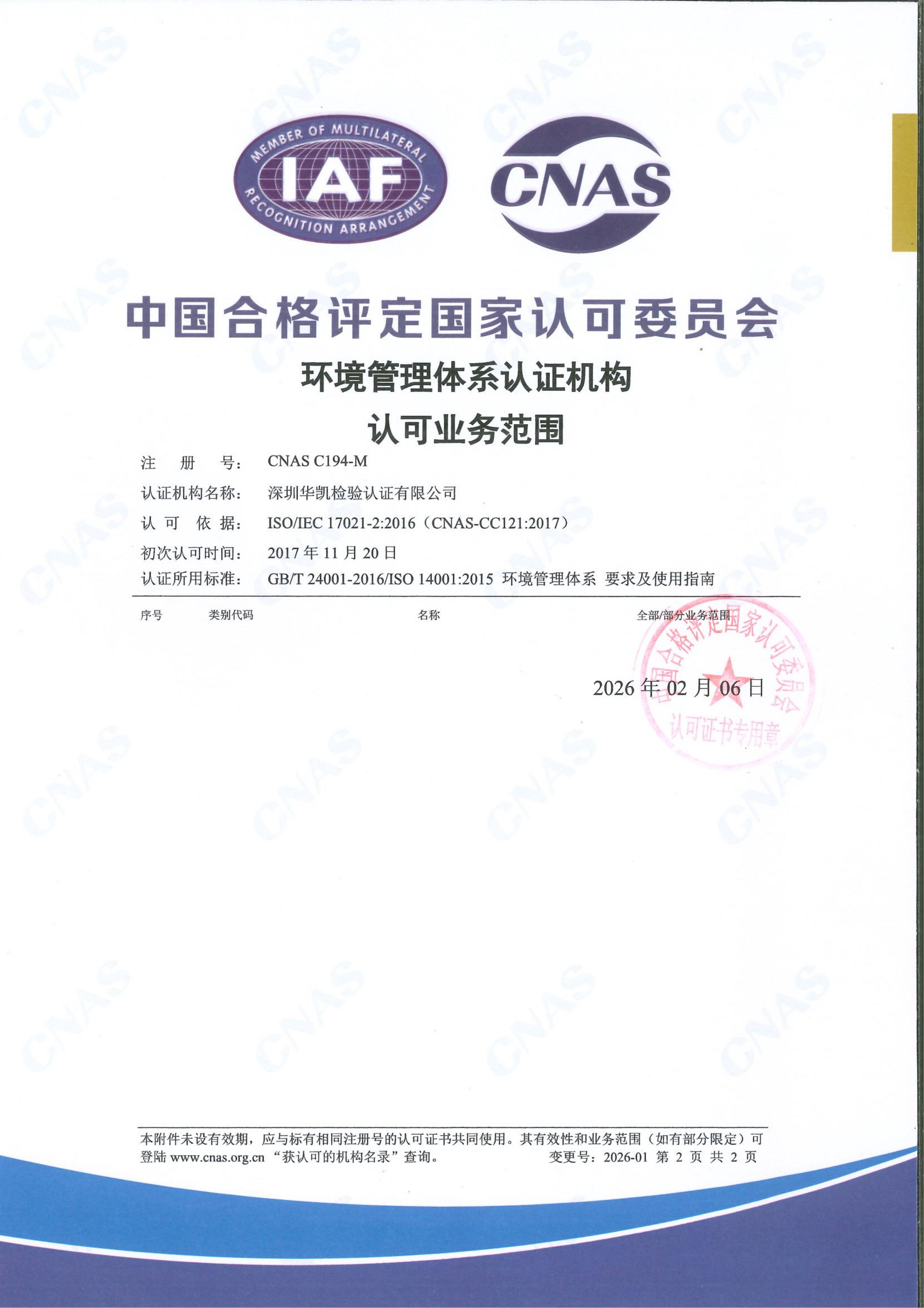 CNAS环境管理体系认可业务范围2